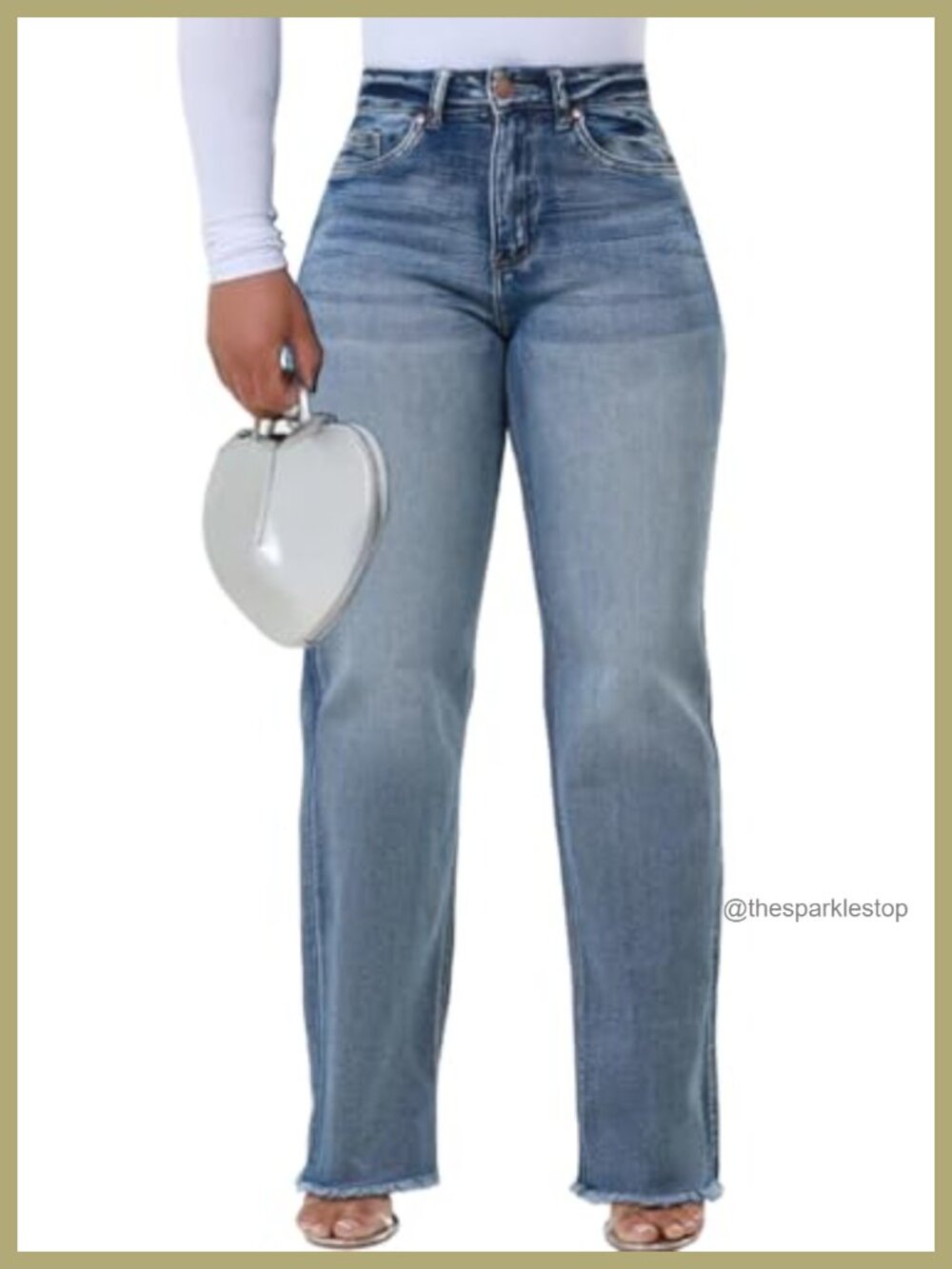 High Waist Wide Leg Distressed Raw Hem Straight Leg Stretchy Denim Jeans